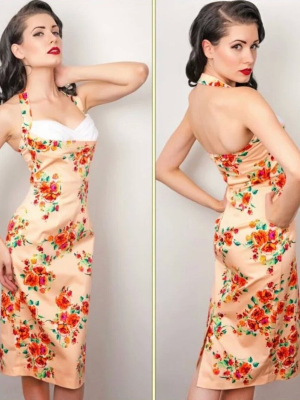 RARE Stop Staring Peach Floral Rose Midi Retro Pinup Wiggle Halter Dress, XS